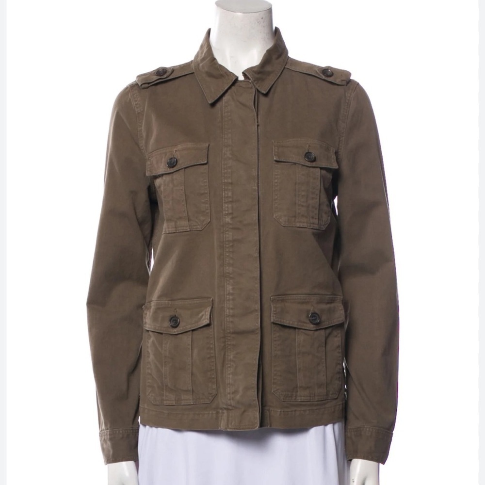 $448 FRAME Denim Utility Jacket Patch Pockets Brown Large 98% cotton stretchy